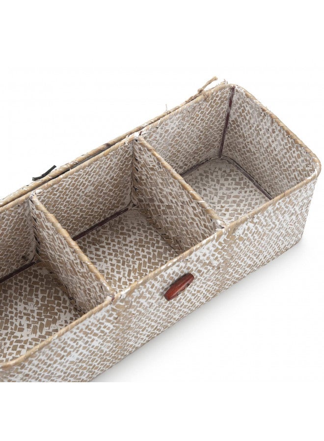 DECRAFTS Seagrass Storage Basket with Lid Rectangular Small Woven Shelf Baskets with Sections for Organize Snack Toys Whitewash - Image 4