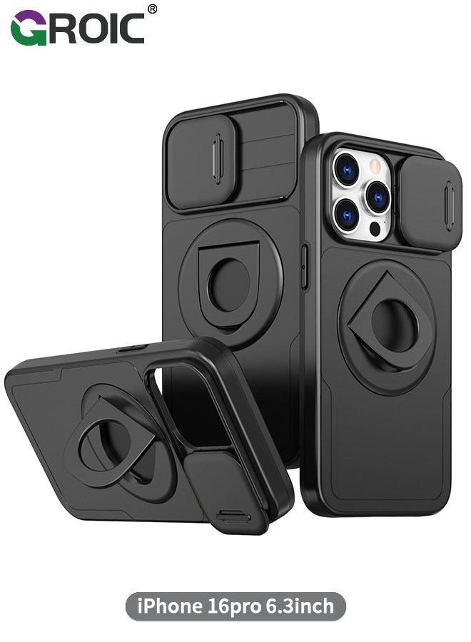 GROIC جراب أسود لهاتف iPhone 16 Pro مع غطاء كاميرا منزلق وحامل، حماية من السقوط بدرجة عسكرية، جراب محفظة بحافة سيليكون وظهر صلب متين - Image 1