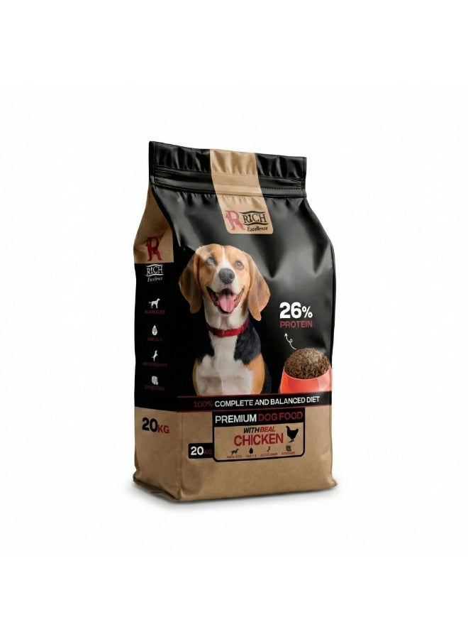 Premium Dry Dog Food with Real Chicken - 26% Protein - 20kg