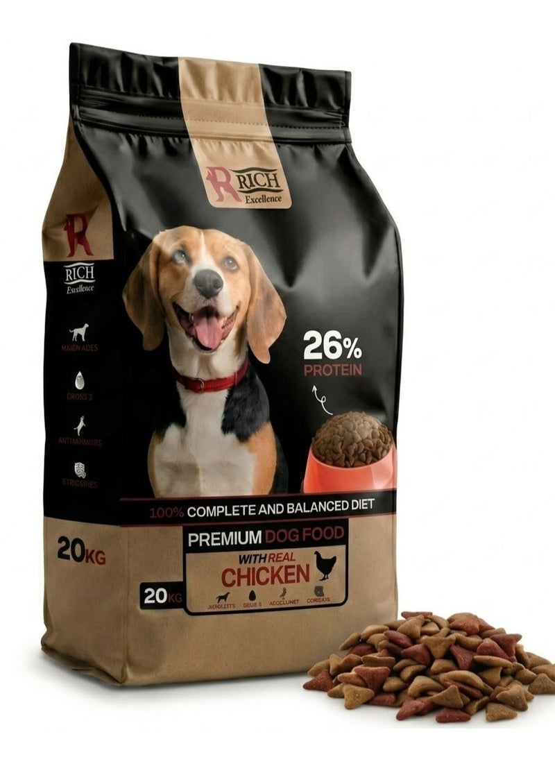 RICH Excellence Premium Dog Food with Real Chicken - 20kg Dry Food for Adult Dogs | 26% Protein & Balanced Diet - Image 1
