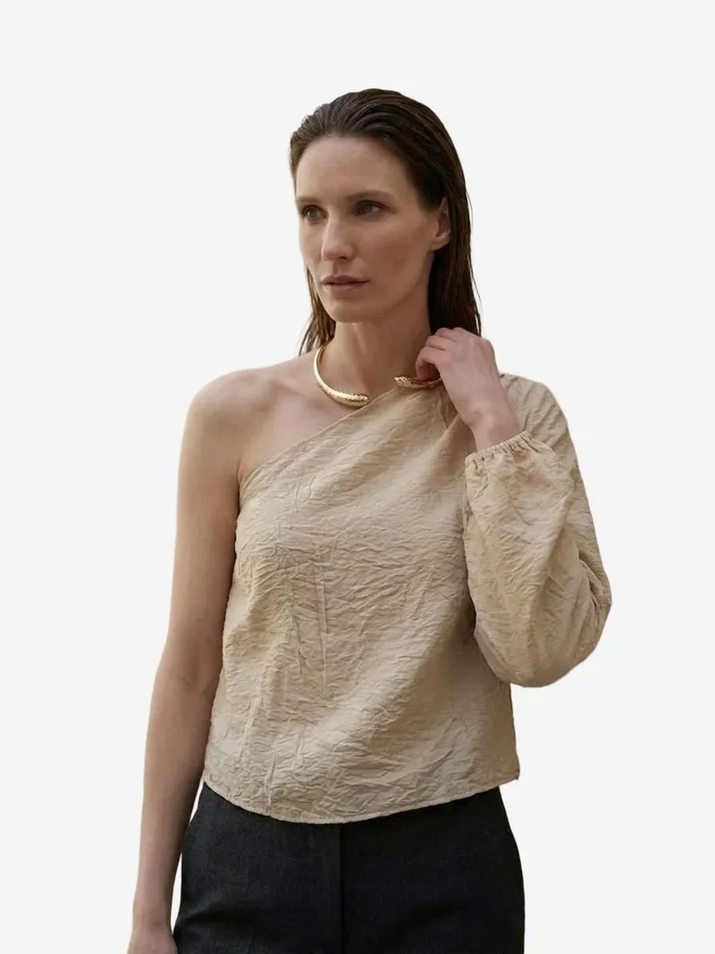 My Fashion Beige Natural MY FASHION Off-Shoulder Cut-Out Cotton Poplin Blouse for Women | Best Price UAE