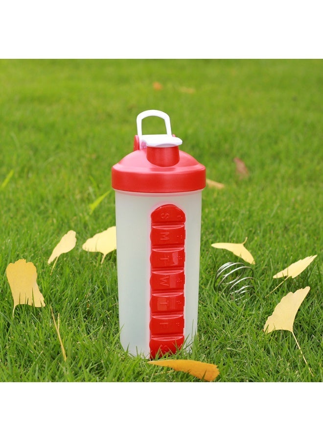 Hugifts 600ml Sports Shaker Bottle with 7-Day Pill Organizer & Mixing Ball, Portable Gym Protein Water Cup - Image 1