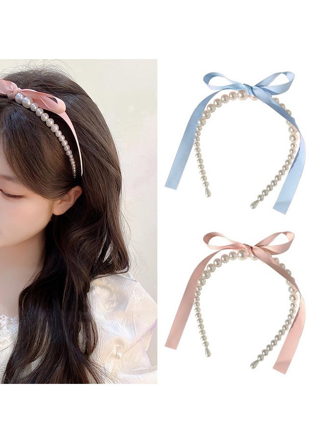 AUOCATTAIL 2 Pcs Pearl Bows Streamer Headbands French Retro Temperament Gentle Pink Bow Ribbon Hair Hoop Hair Accessories Headdress For Women Girls - Image 1