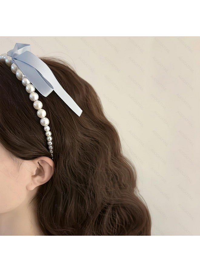 AUOCATTAIL 2 Pcs Pearl Bows Streamer Headbands French Retro Temperament Gentle Pink Bow Ribbon Hair Hoop Hair Accessories Headdress For Women Girls - Image 2