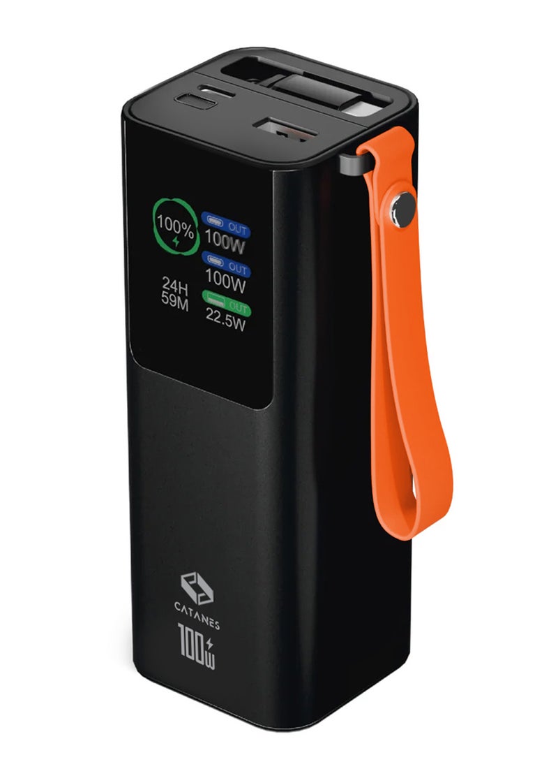 CATANES 20000mAh 100W Super Fast Charging Power Bank with 70cm Retractable Type-C Cable and Smart Digital Display - Black - Image 1