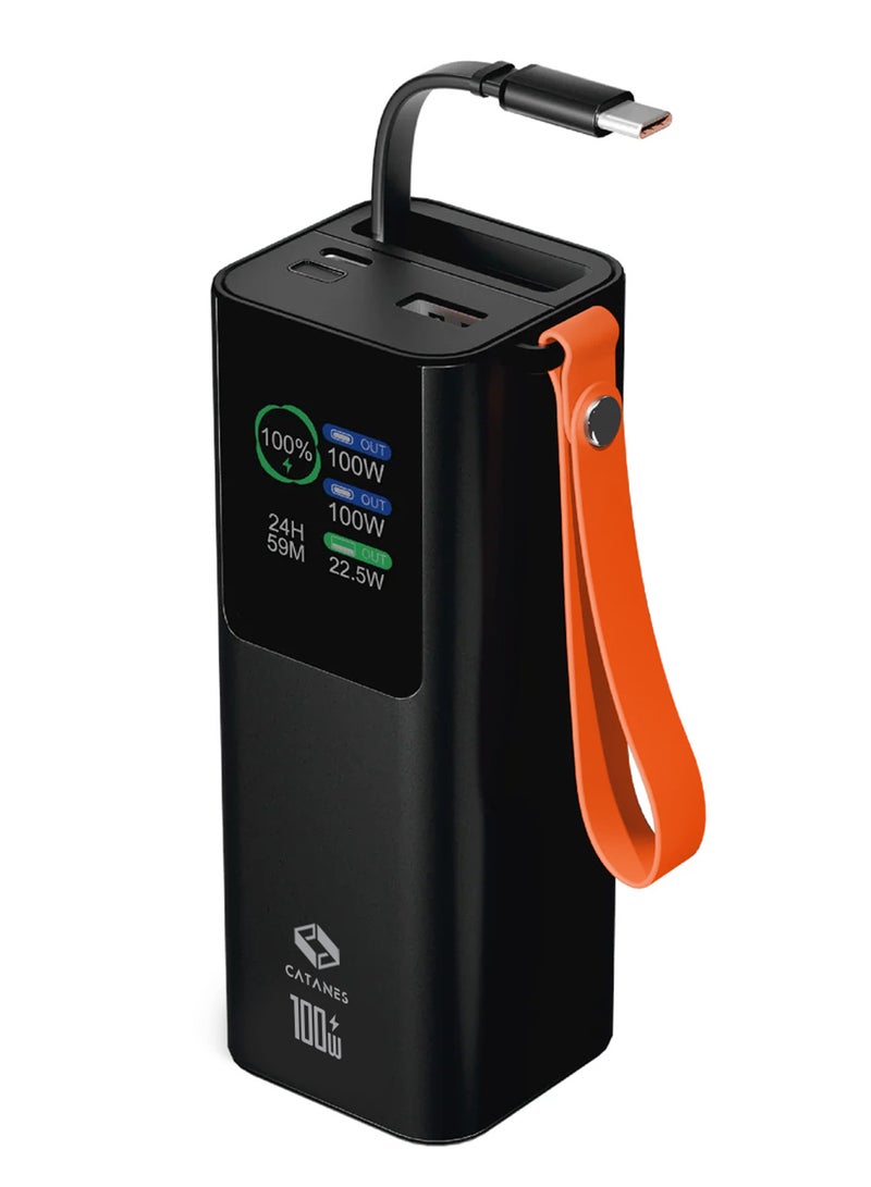 CATANES 20000mAh 100W Super Fast Charging Power Bank with 70cm Retractable Type-C Cable and Smart Digital Display - Black - Image 2