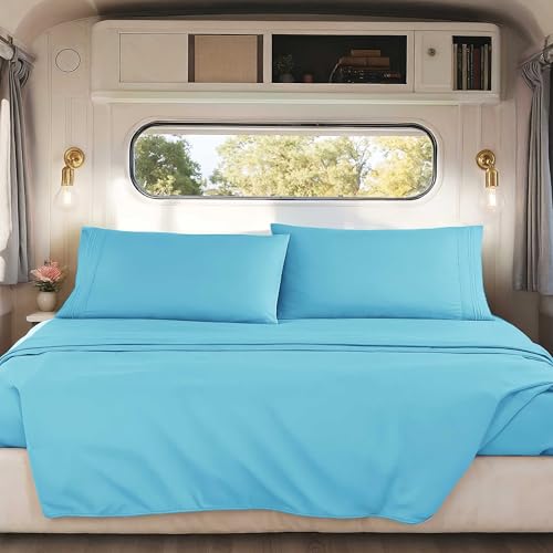 Nestl Bright Blue Short Queen Sheets for RV, Hotel Luxury RV Queen Sheets Set, 4 Piece Fitted Bed Sheet Set and Pillowcases, Super Soft, Wrinkle-Free, and Breathable Camper Bedding - Image 1
