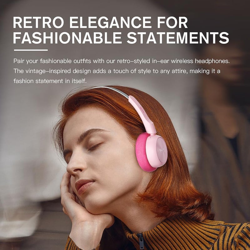 iKF R1 Wireless Bluetooth Headphones, Retro Classic Lightweight Headset, Builti-in Mic, 60H Playback, Dual Device Connectivity, Low Latency, App Customization,Throwback 80s 90s,OOTD, Pink - Image 2