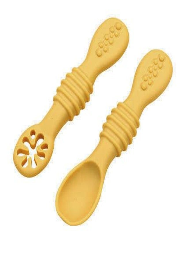 Mopslik - 2 Pack Silicone Baby Training Spoon Set Led Weaning Spoon – Soft Infant Self-Feeding First Stage Toddler Utensils for Baby Led (Mustard Yellow)
