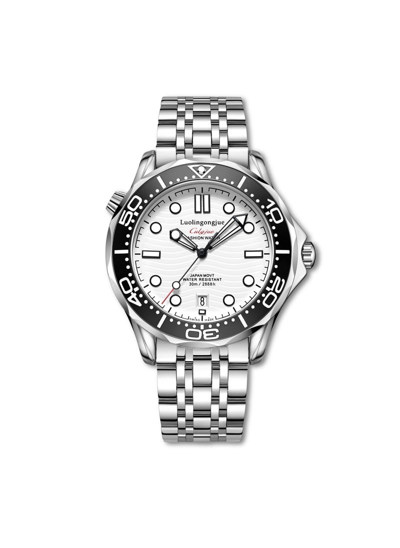 Generic Hai Ma 300 Automatic High-end Mechanical Watch Waterproof Night Light Calendar Quick Hand Wave Business Style Mens Watch White face and black stare 