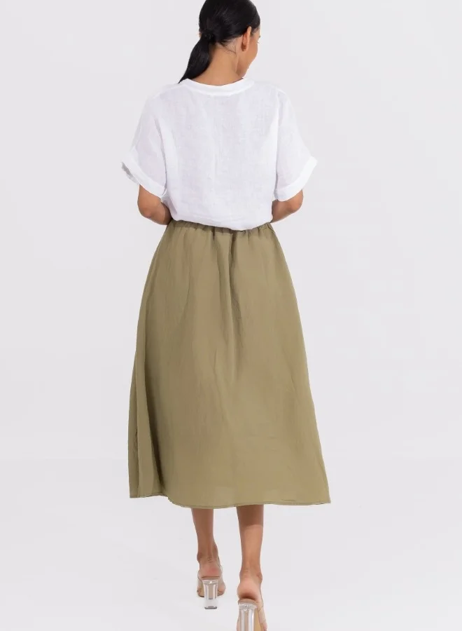 HaILYS Olive Green A-Line Midi Skirt with Drawstring Waist - Casual High-Waisted Skirt