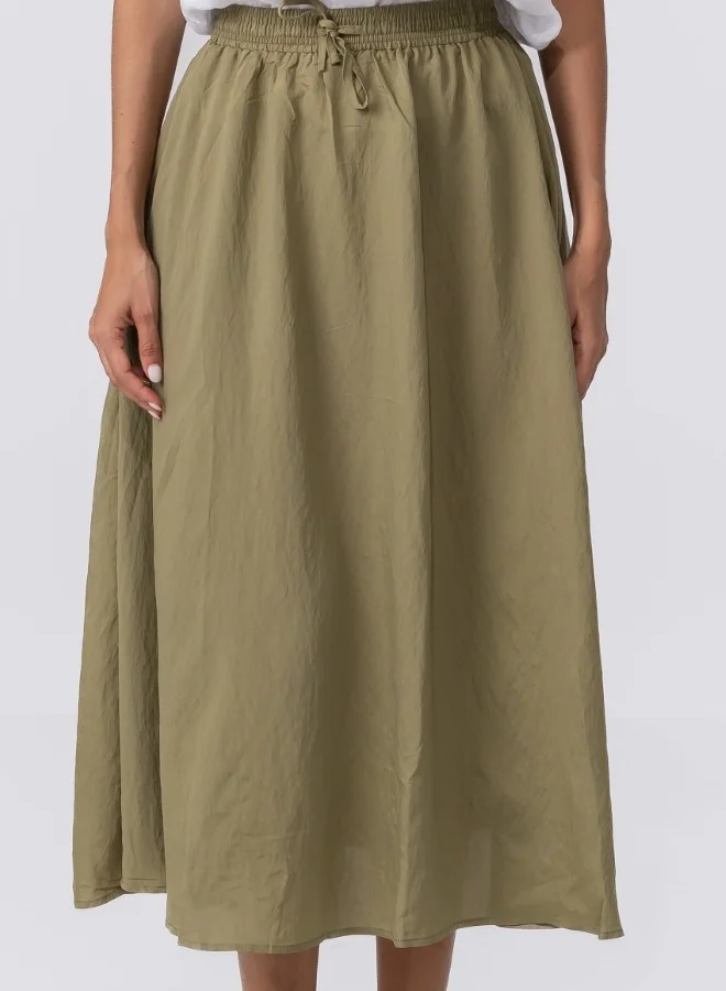 HaILYS Olive Green A-Line Midi Skirt with Drawstring Waist - Casual High-Waisted Skirt