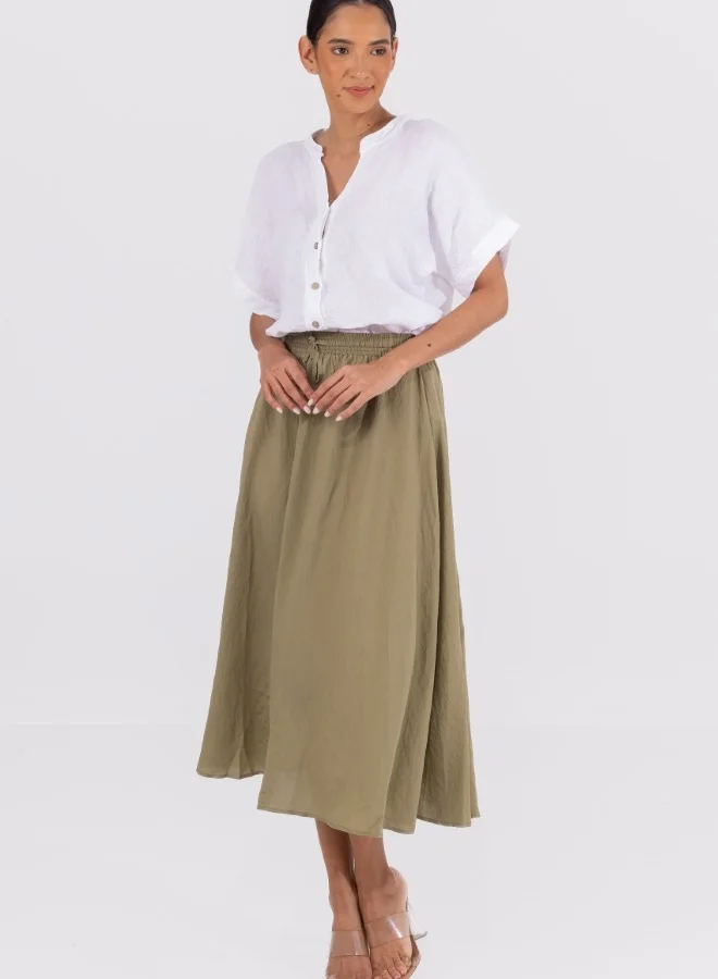 HaILYS Olive Green A-Line Midi Skirt with Drawstring Waist - Casual High-Waisted Skirt