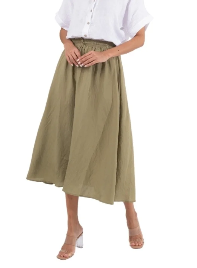 HaILYS Olive Green A-Line Midi Skirt with Drawstring Waist - Casual High-Waisted Skirt