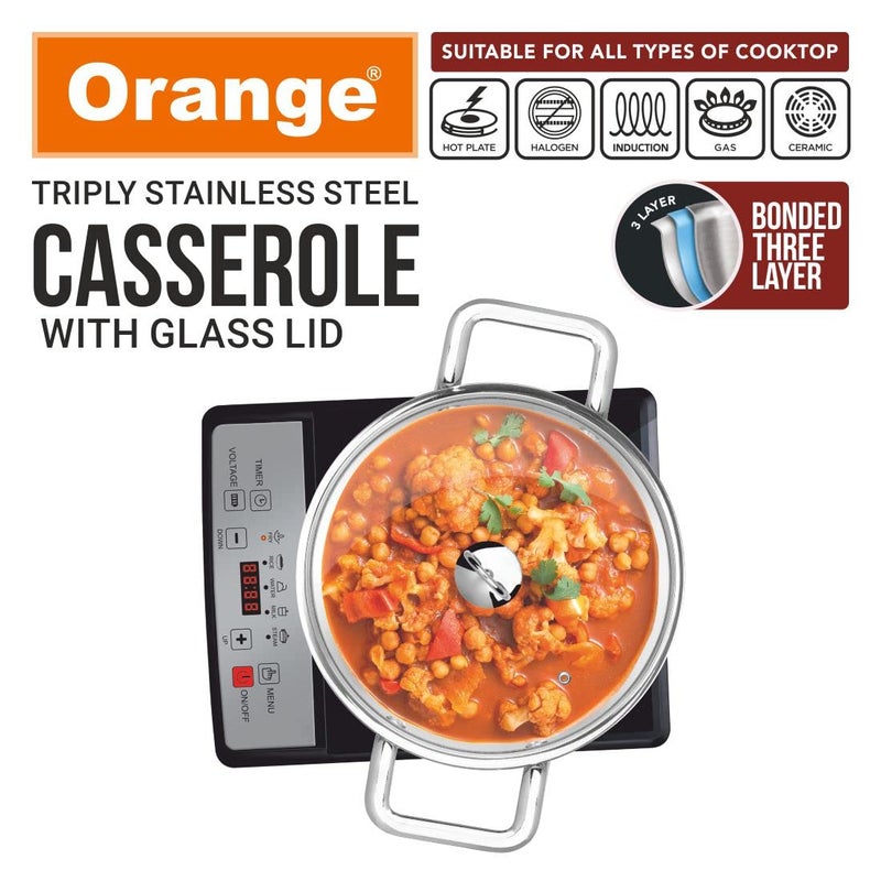 Orange Stainless Steel Triply Cook & Serve Casserole/Biryani Pot/Kadai/Handi 3.2 litres with Glass lid and Handles| 2.5mm Thickness, 200mm Diameter | Induction cooktop Friendly | (3.2L, Steel) - Image 2