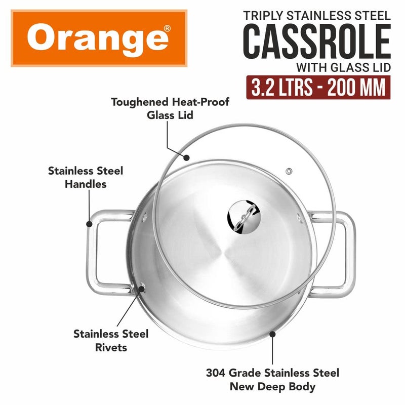 Orange Stainless Steel Triply Cook & Serve Casserole/Biryani Pot/Kadai/Handi 3.2 litres with Glass lid and Handles| 2.5mm Thickness, 200mm Diameter | Induction cooktop Friendly | (3.2L, Steel) - Image 5