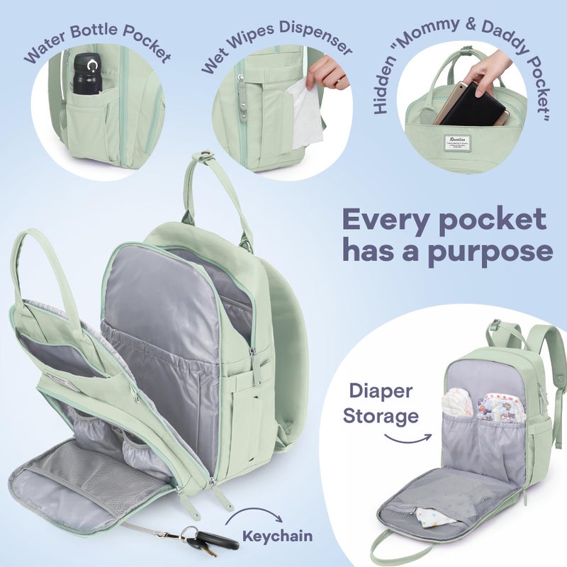 RUVALINO Diaper Bag Backpack-Multifunction Baby Travel Bag with Changing pad, Insulated Bottle Holders & Pacifier Case, Large Capacity, Waterproof, Mint Green - Image 3