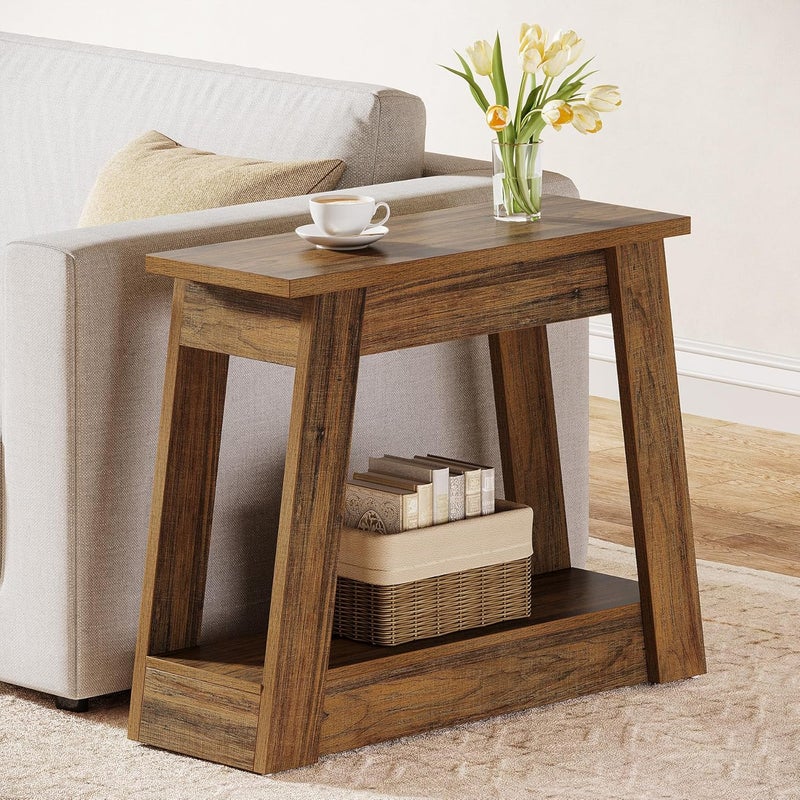 Tribesigns All user affordable trusted quality Wood End Table, Small Side Table with 2 Storage Shelves, Rustic Accent Narrow Nightstand for Living Room, Bedroom (1) Durability enhanced - Image 1