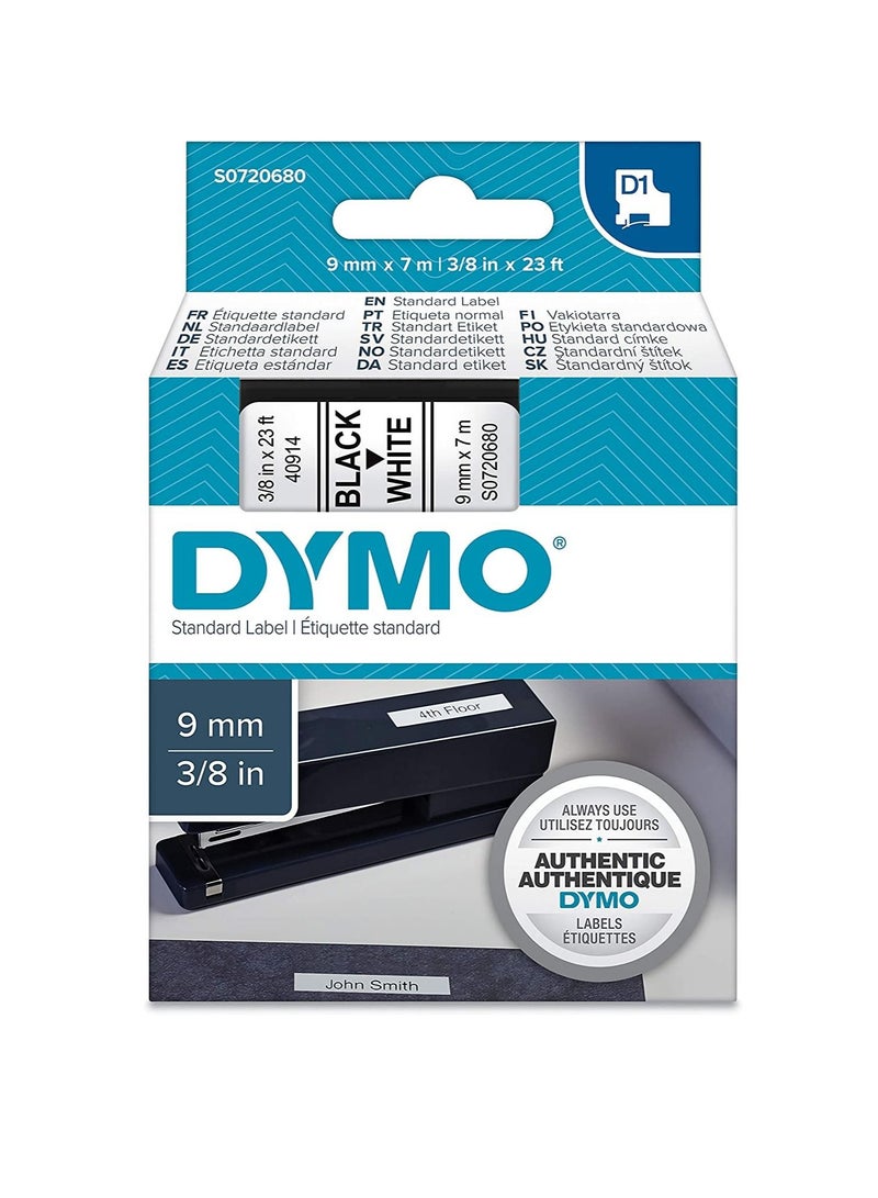 DYMO TAPE 9MMX7M WHITE D1 Standard Labelling Tape 9mm x 7m Black on White Black White V150221 Pack of 1 - Image 2