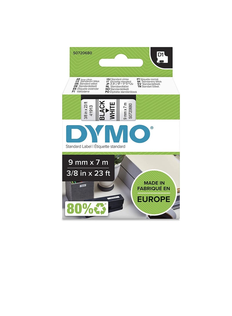 DYMO TAPE 9MMX7M WHITE D1 Standard Labelling Tape 9mm x 7m Black on White Black White V150221 Pack of 1 - Image 1