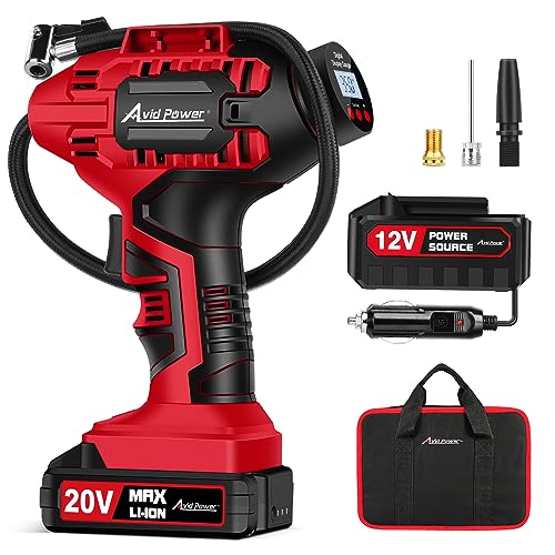 AVID POWER Tire Inflator Portable Air Compressor, 20V Cordless Car Tire Pump, Rechargeable Battery Powered Air Compressor w/12V DC Adapter, Digital Pressure Gauge - Image 1