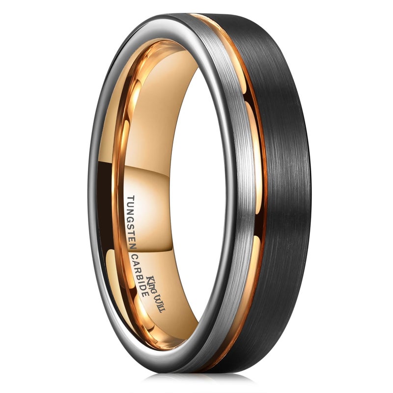 King Will LOOP Tungsten Carbide Wedding Band 6mm Rose Gold Line Ring Black and Silver Brushed Comfort Fit 14 - Image 1