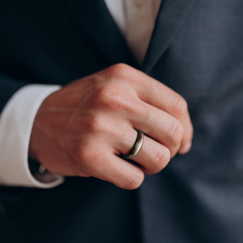 King Will LOOP Tungsten Carbide Wedding Band 6mm Rose Gold Line Ring Black and Silver Brushed Comfort Fit 14 - Image 5