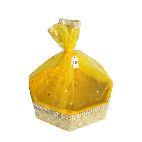 SANWALSA (Small, 8x8x2 inch, Hexagon, Stone Lace, Color-Yellow) MDF Base Designer Gift Hamper Packaging Baskets with Net Cover, Gift Hamper Organiser Perfect for Any Occasion - Image 1