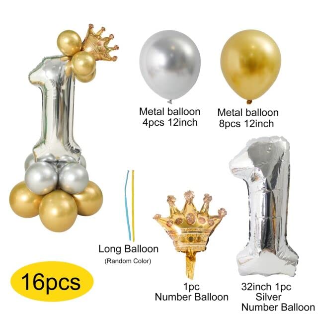 Lazybeee 16pcs Silver and Golden Balloons Set Large Number 1 (32-Inch) with Golden Crown for Birthday Decorations for Girl Boy 1st Birthday Theme Foil Balloons - Image 2