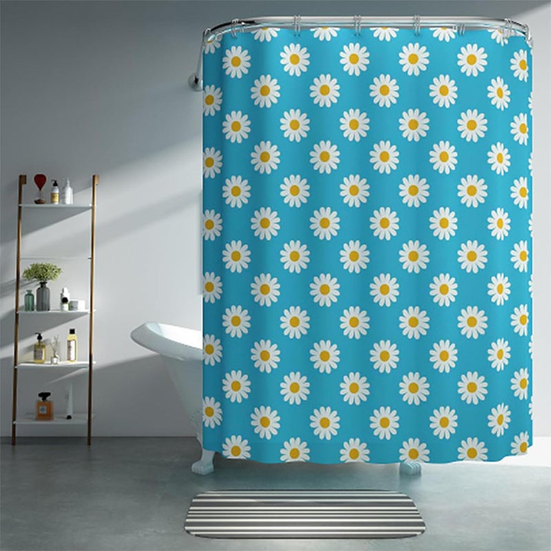 Homestic 6x6 Ft Waterproof Shower Curtains for Bathroom | Washroom Partition Screen & Wall Divider Parda for Bath | Floral Print - Blue - Image 1