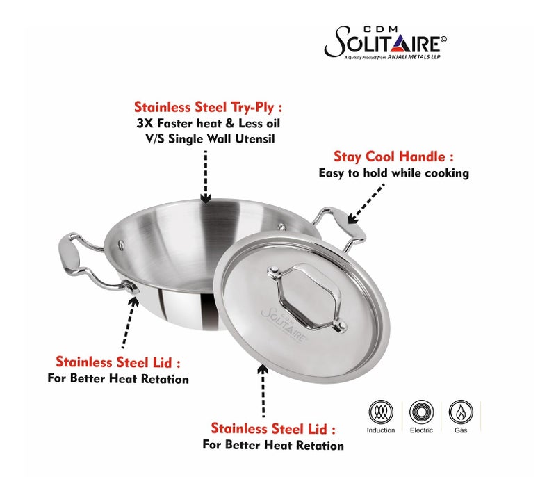 CDM SOLITAIRE CDM SOLITAIRE Triply Stainless Steel Kadai with S.S Lid (20cm, 1.5L) | Triply Kadai with Heavy Bottom | Induction Friendly Triply Stainless Steel Cookware Kadhai | 5 Year Warranty - Image 3