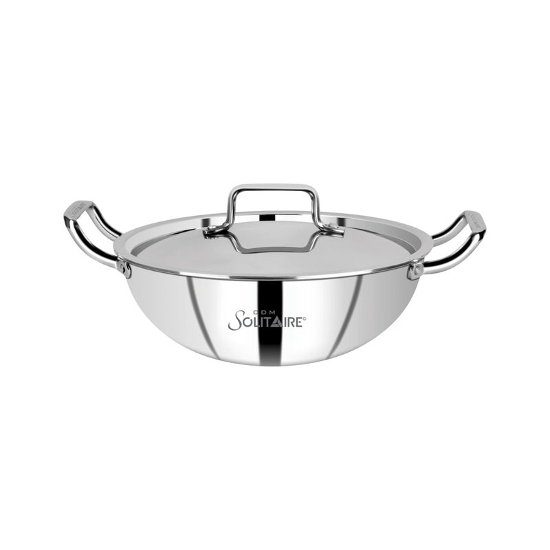 CDM SOLITAIRE CDM SOLITAIRE Triply Stainless Steel Kadai with S.S Lid (20cm, 1.5L) | Triply Kadai with Heavy Bottom | Induction Friendly Triply Stainless Steel Cookware Kadhai | 5 Year Warranty - Image 1