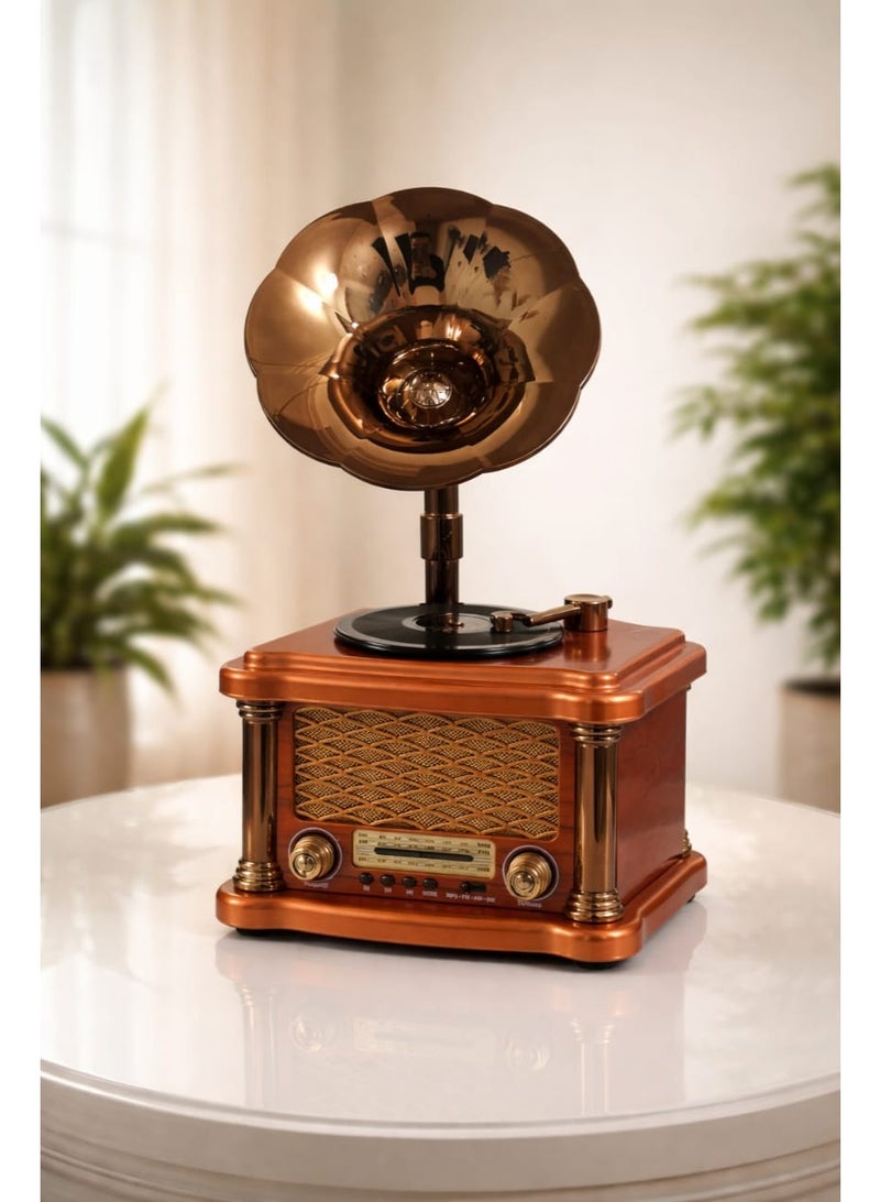 جرامافون تحفة أنتكية ديكور منزلي فاخر – بلوتوث وراديو FM/AM/SW – صوت عالي ونقي – خامة متينة مضادة للصدمات - Image 1