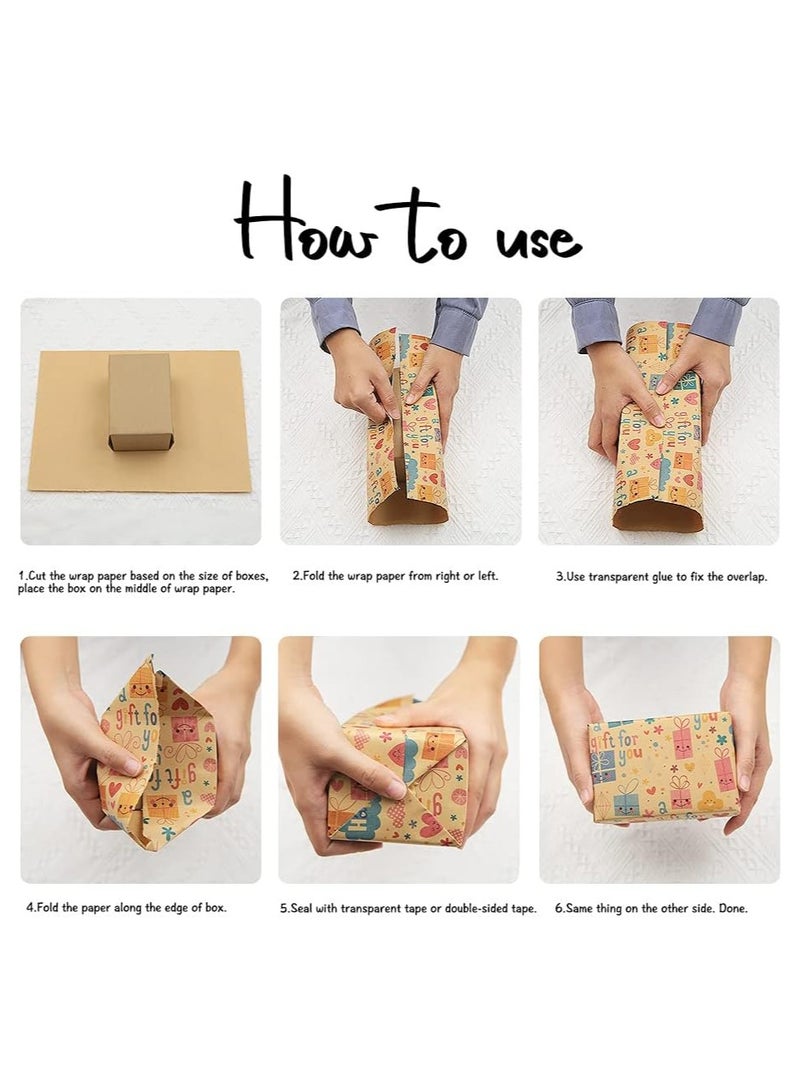 Gift Wrapping Paper, 6 Sheets Gift Wrap for Birthday, Holiday, Wedding, Party, Kids Gift Wrapping, Kraft Paper Roll, Holiday Gift Wrapping Paper DIY Set, Size 70cmX50cm, 6 Sheets - Image 2