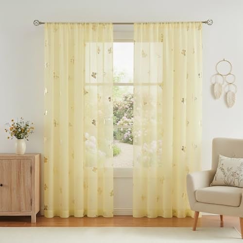 Jubilantex Yellow Butterfly Sheer Curtain Panels for Kids Nursery Bedroom, Baby Girls Toddler Gold Print Linen Textured Rod Pocket Voile Drapes 84 Inch Long for Living Room,2 Panels - Image 1