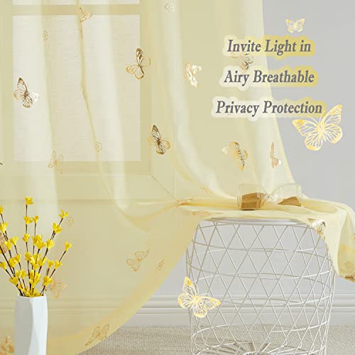 Jubilantex Yellow Butterfly Sheer Curtain Panels for Kids Nursery Bedroom, Baby Girls Toddler Gold Print Linen Textured Rod Pocket Voile Drapes 84 Inch Long for Living Room,2 Panels - Image 2