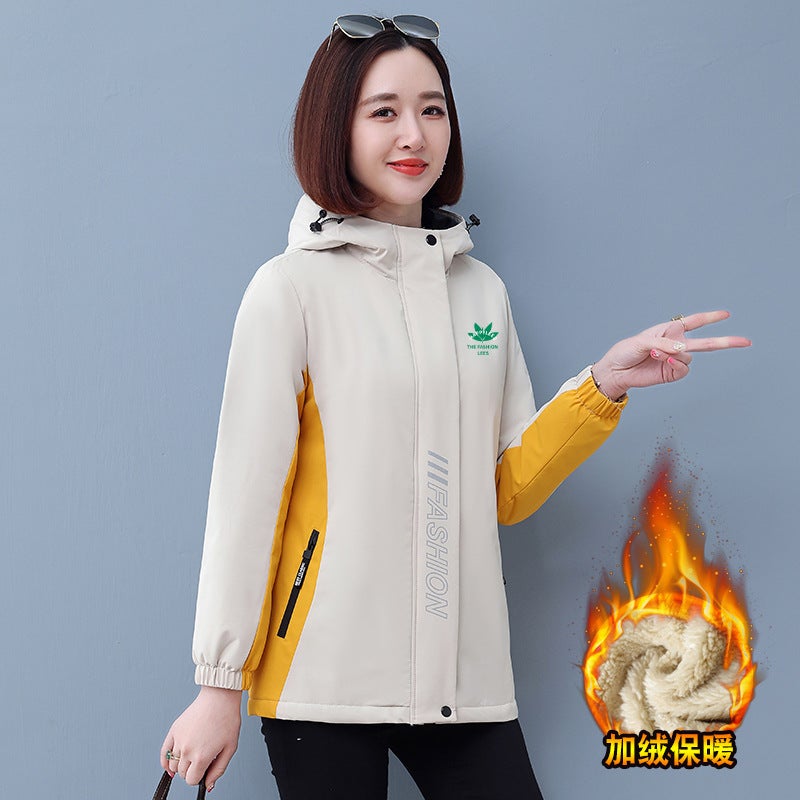 Lamb Velvet fleece-lined Thickened Warm Hooded Jacket Womens Autumn and Winter New Outdoor Contrast Windproof Zipper Shirt Apricot 