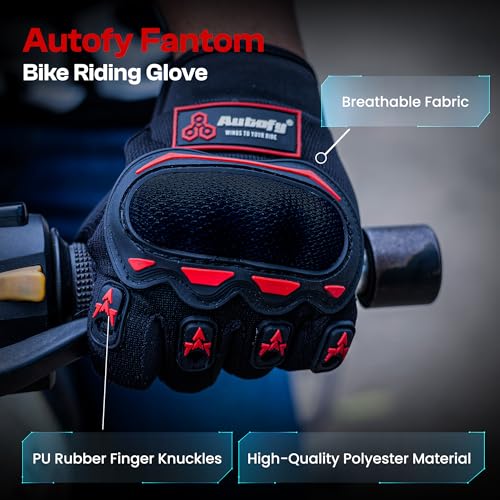 Autofy Fantom Bike Riding Gloves TPR Knuckle Protection Touchscreen Compatible Palm Protection Padding Hand Gloves for Bike - Bike Gloves Men Bike Accessories Washable Fabric (Size: L, Red & Black) - Image 2