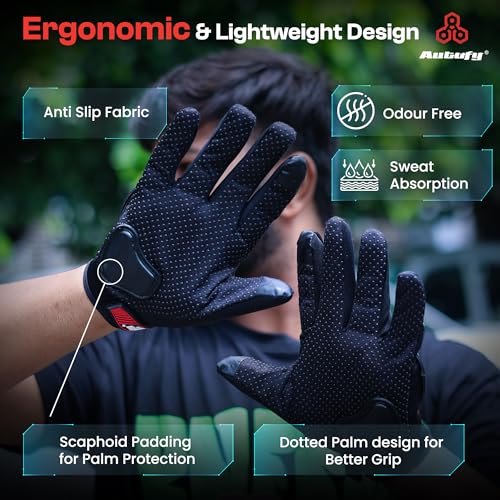 Autofy Fantom Bike Riding Gloves TPR Knuckle Protection Touchscreen Compatible Palm Protection Padding Hand Gloves for Bike - Bike Gloves Men Bike Accessories Washable Fabric (Size: L, Red & Black) - Image 3