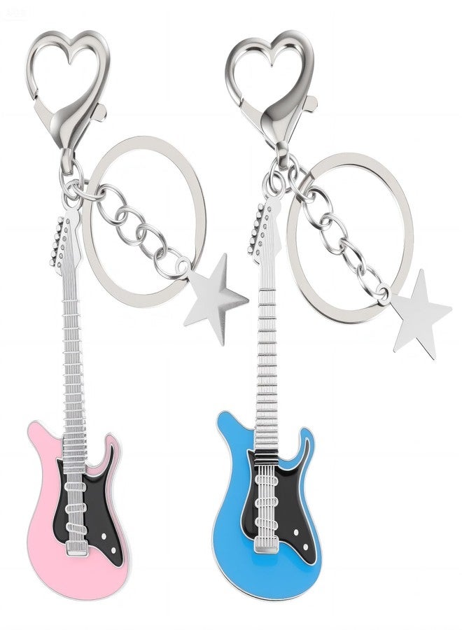 Pmeixcy 2PCS Guitar Keychain, Aesthetic Y2K Pink & Blue Bass Guitar Key Chain for Women, Cute Kawaii Music Star Keyring for Purse Backpack - Image 1