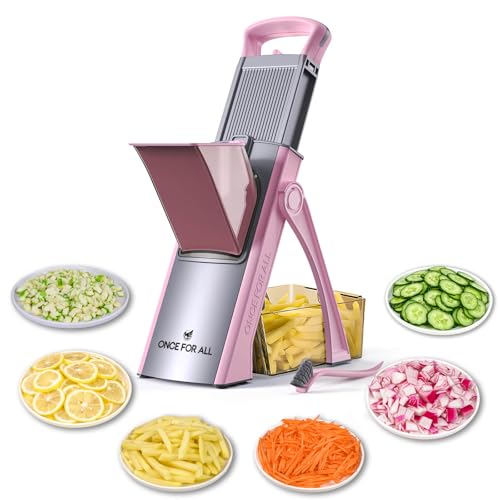 ONCE FOR ALL Upgrade Safe Mandoline Slicer Plus Adjustable Vegetable Food Chopper Potato Fries French Fry Cutter Detachable Blade Kitchen Chopping Artifact New Kitchen Gift Pink