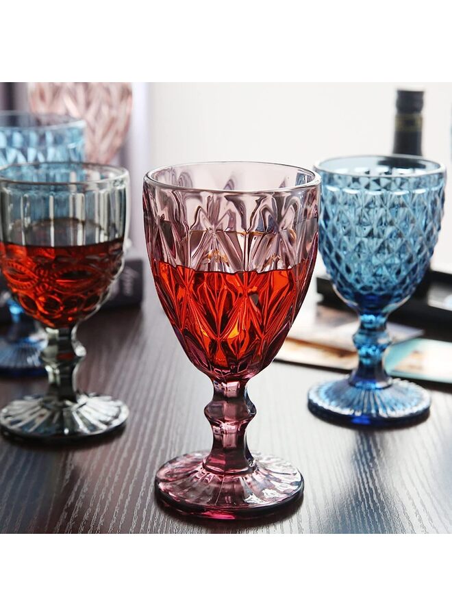 LAMAY Set of 6 Colored Wine Goblets, 10 Oz Wine Glasses Set with Embossed Pattern, Colored Wine Glasses Vintage Glassware for Party, Wedding, Bar, Wine, Juice, Beverage(Blue) - Image 4