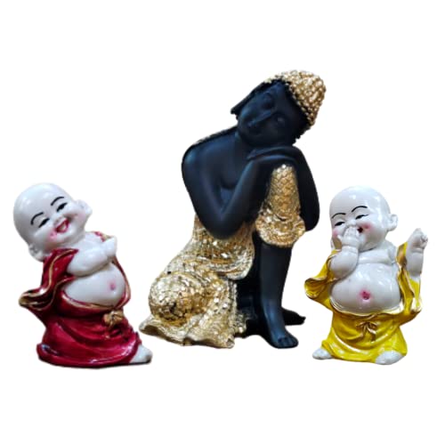 MARINER'S CREATION Polyresin Divine Resting Buddha Idol with Two Child Monks Showpiece for Home Decor (11.4 cm x 11.4cm x 17.4 cm, Multicolor) - Image 1