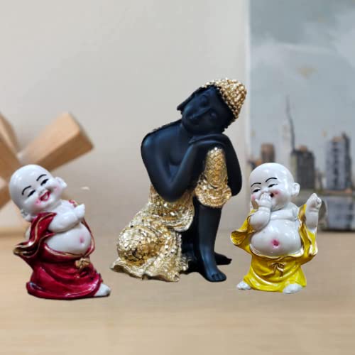 MARINER'S CREATION Polyresin Divine Resting Buddha Idol with Two Child Monks Showpiece for Home Decor (11.4 cm x 11.4cm x 17.4 cm, Multicolor) - Image 3