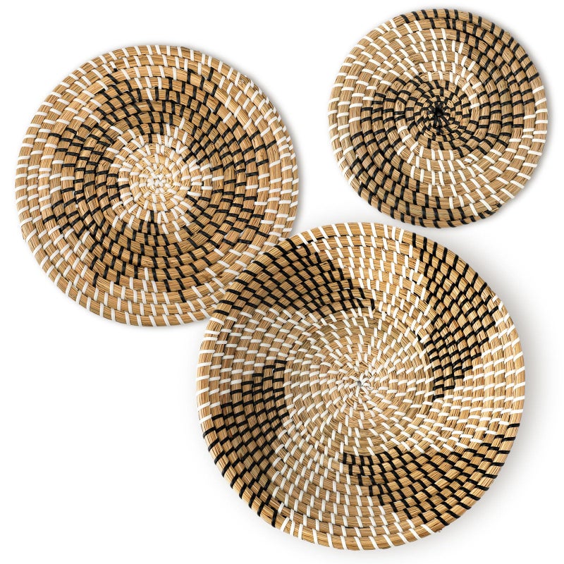 Glenmal 3 Pcs Boho Wall Basket Decor Decorative Bulrush Woven Basket Wall Decor Art Farmhouse Handmade Hanging Baskets with African Design for Living Room Display Table Settings Kitchen HomeClassic