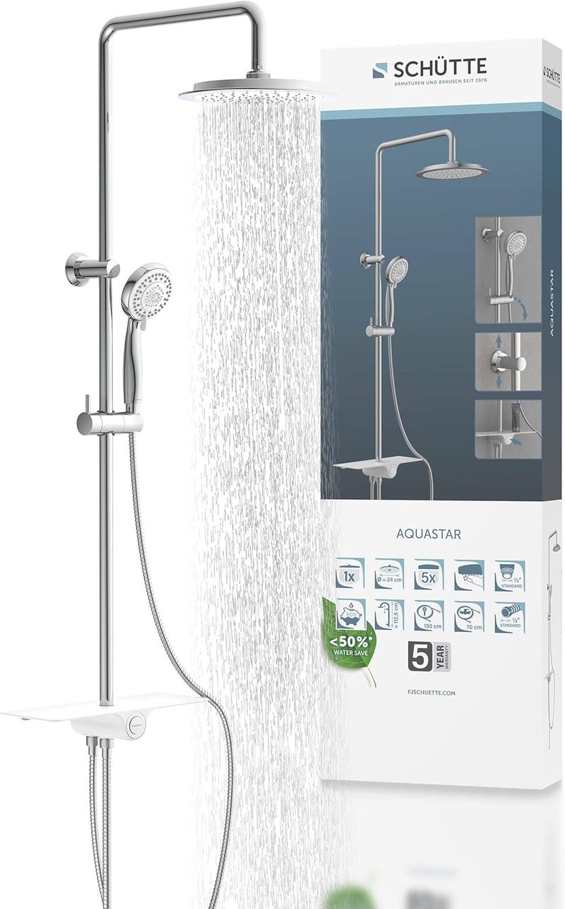 Aquastar Shower Set Rain Shower with Shelf, Shower System with 5-Way Adjustable Hand Shower, Shower Column with Shower Head, Shower Set in Chrome/White