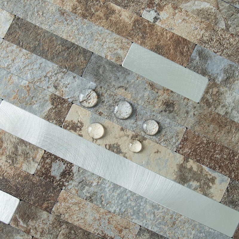 AULIGET 20 Sheets Beige & Brown Slate Peel and Stick Backsplash, PVC Mixed Metal Silver Wall Tile Stick on Backsplash for Kitchen and Bathroom - Image 3