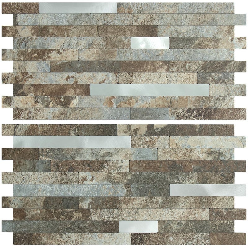 AULIGET 20 Sheets Beige & Brown Slate Peel and Stick Backsplash, PVC Mixed Metal Silver Wall Tile Stick on Backsplash for Kitchen and Bathroom - Image 1