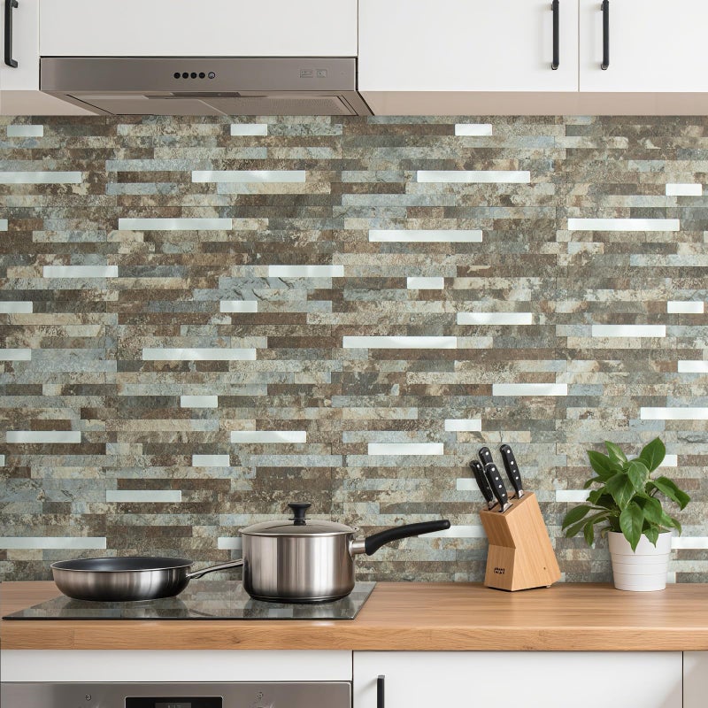 AULIGET 20 Sheets Beige & Brown Slate Peel and Stick Backsplash, PVC Mixed Metal Silver Wall Tile Stick on Backsplash for Kitchen and Bathroom - Image 2