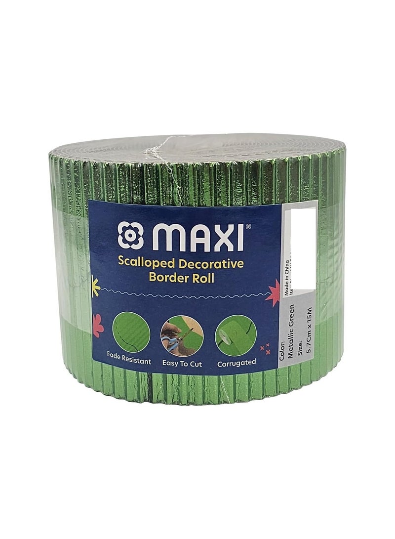 Maxi 1-Piece Corrugated Scalloped Borderette Border For School Displays, Classroom Decorations and Bulletin Boards Tape Metallic Green - Image 1